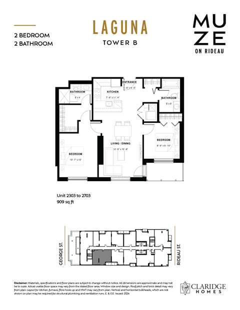 Floor plan for 2 beds, 2 baths, 909 sqft